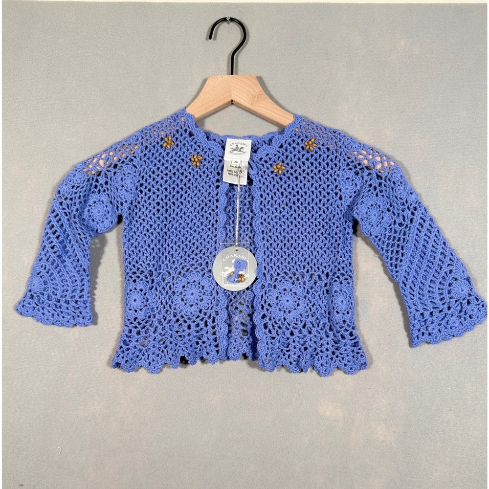 Charabia‎ Paris Girls Blue Crochet Cotton Cardigan Sweater Flower Beads Size 3A